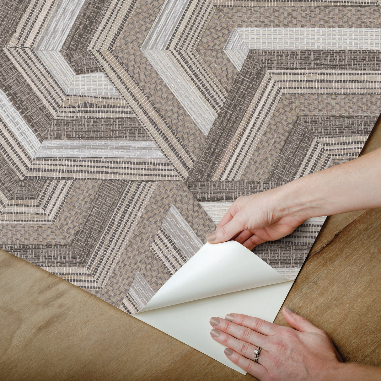 Geo Puzzle Brown Faux Grasscloth Peel & Stick Wallpaper with Modern Geometric Graphics - York RMK12678RL