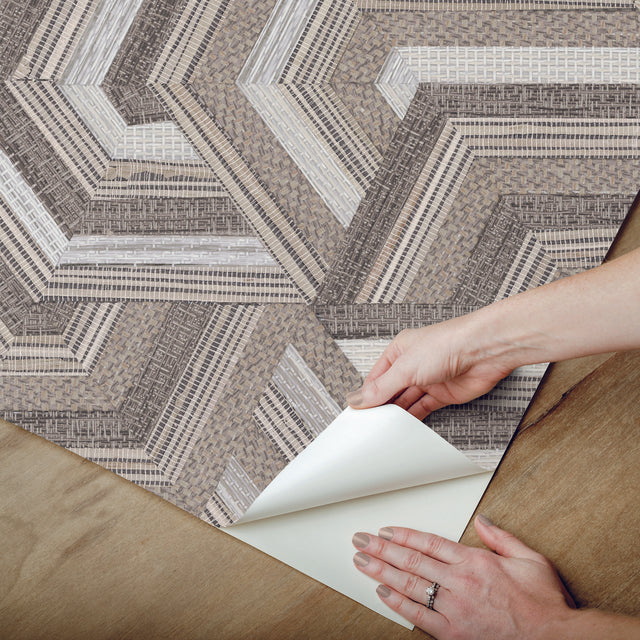 Geo Puzzle Brown Faux Grasscloth Peel & Stick Wallpaper with Modern Geometric Graphics - York RMK12678RL