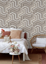 Geo Puzzle Brown Faux Grasscloth Peel & Stick Wallpaper with Modern Geometric Graphics - York RMK12678RL