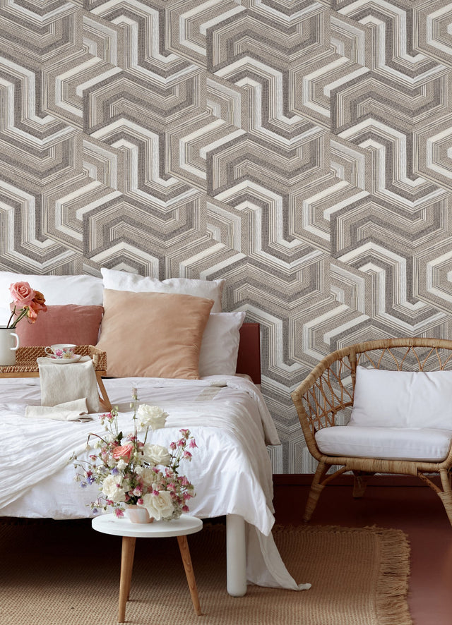 Geo Puzzle Brown Faux Grasscloth Peel & Stick Wallpaper with Modern Geometric Graphics - York RMK12678RL