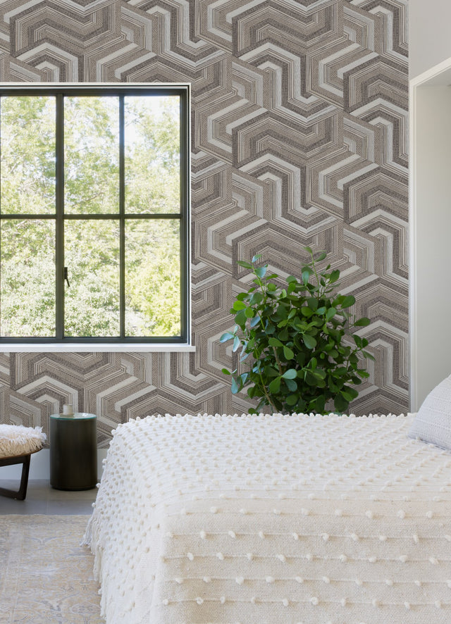 Geo Puzzle Brown Faux Grasscloth Peel & Stick Wallpaper with Modern Geometric Graphics - York RMK12678RL