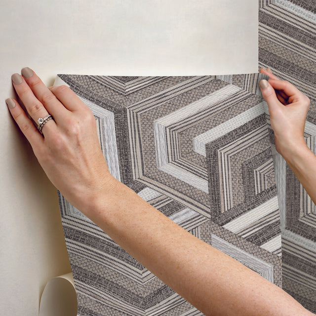 Geo Puzzle Brown Faux Grasscloth Peel & Stick Wallpaper with Modern Geometric Graphics - York RMK12678RL