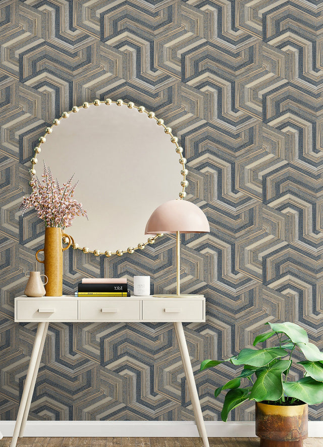 Geo Puzzle Dark Brown Faux Grasscloth Peel & Stick Wallpaper with Modern Geometric Pattern - York RMK12679RL