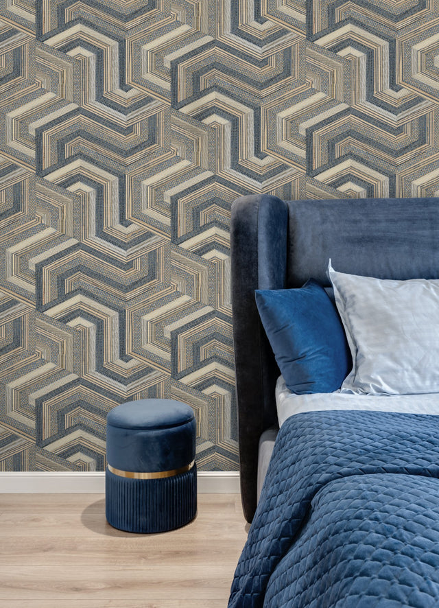 Geo Puzzle Dark Brown Faux Grasscloth Peel & Stick Wallpaper with Modern Geometric Pattern - York RMK12679RL