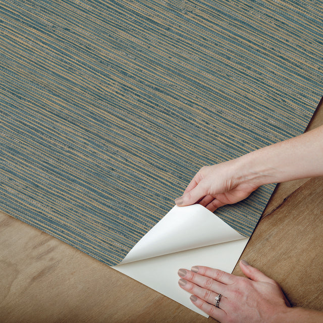 Dimensional Teal Grasscloth Peel & Stick Wallpaper with Metallic Raised Ink Texture - York RMK12684PLW