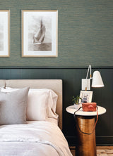 Dimensional Teal Grasscloth Peel & Stick Wallpaper with Metallic Raised Ink Texture - York RMK12684PLW