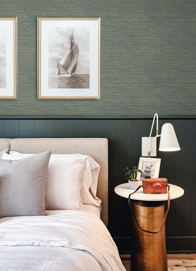 Dimensional Teal Grasscloth Peel & Stick Wallpaper with Metallic Raised Ink Texture - York RMK12684PLW