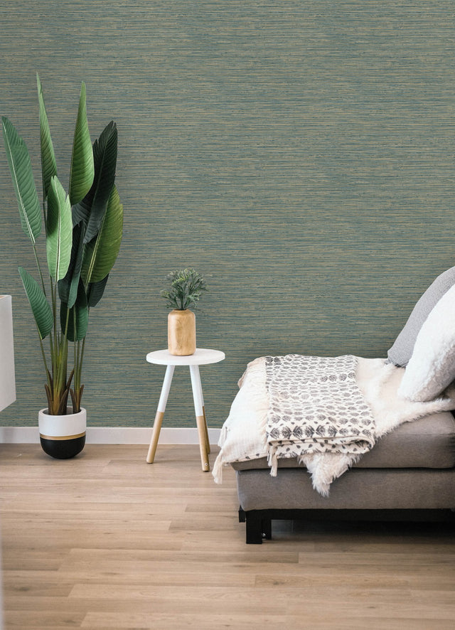 Dimensional Teal Grasscloth Peel & Stick Wallpaper with Metallic Raised Ink Texture - York RMK12684PLW