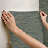 Dimensional Teal Grasscloth Peel & Stick Wallpaper with Metallic Raised Ink Texture - York RMK12684PLW