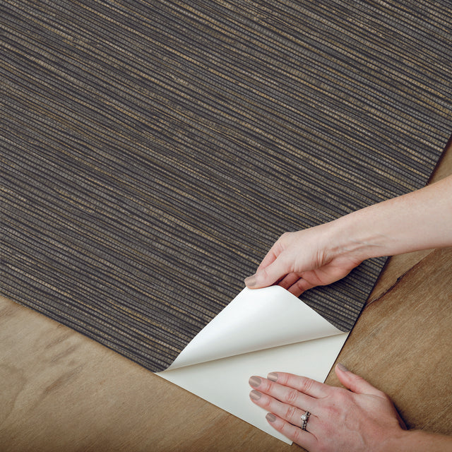 Dimensional Black Grasscloth Peel & Stick Wallpaper with Faux Grasscloth Texture, Metallic Raised Ink - York RMK12685PLW