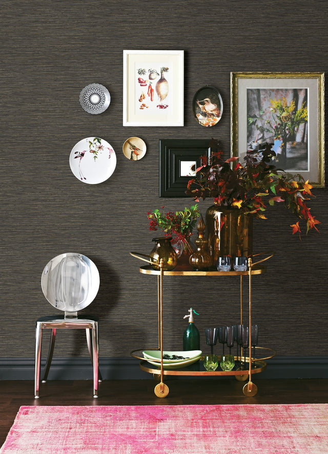 Dimensional Black Grasscloth Peel & Stick Wallpaper with Faux Grasscloth Texture, Metallic Raised Ink - York RMK12685PLW