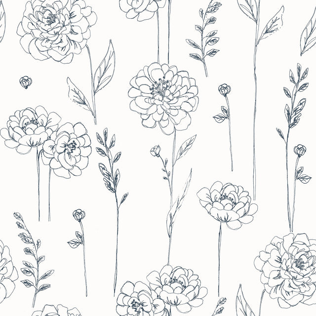 Maisey Navy Peel & Stick Wallpaper with Botanical Floral Pattern - York RMK12686PLW