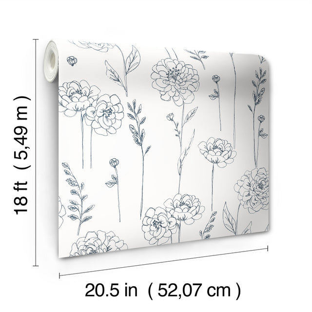 Maisey Navy Peel & Stick Wallpaper with Botanical Floral Pattern - York RMK12686PLW