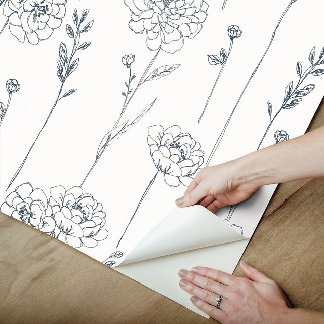 Maisey Navy Peel & Stick Wallpaper with Botanical Floral Pattern - York RMK12686PLW