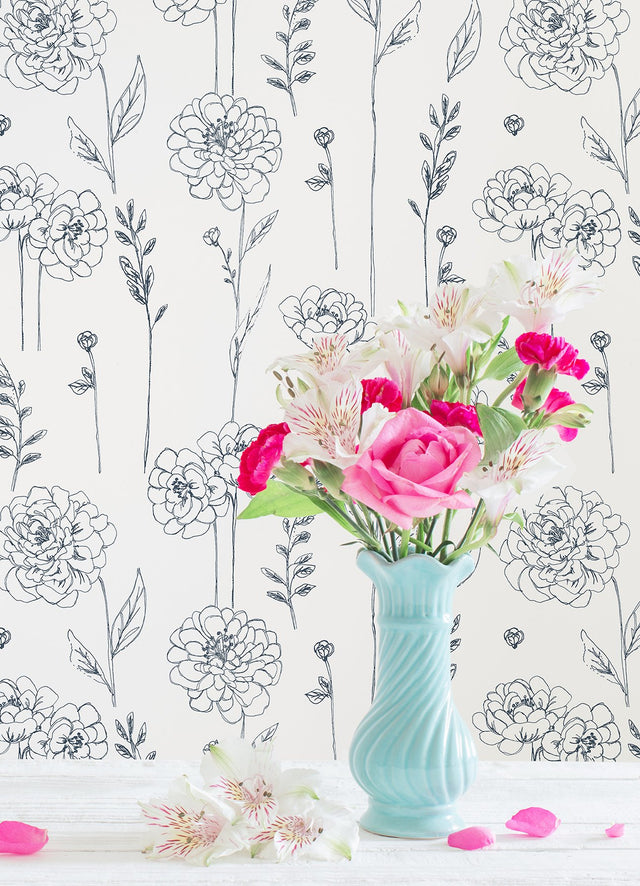 Maisey Navy Peel & Stick Wallpaper with Botanical Floral Pattern - York RMK12686PLW
