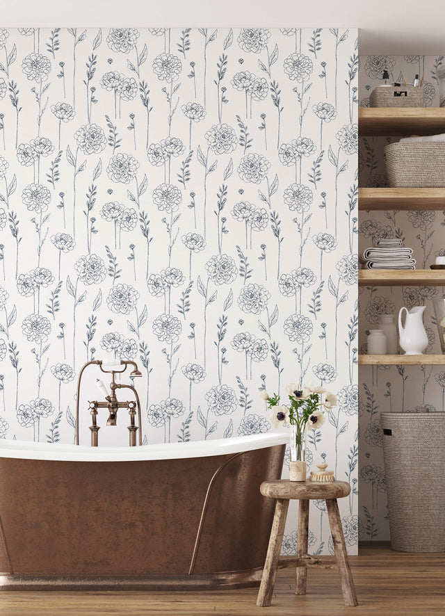 Maisey Navy Peel & Stick Wallpaper with Botanical Floral Pattern - York RMK12686PLW
