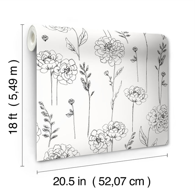 Maisey Black Peel & Stick Wallpaper with Botanical Floral Pattern - York RMK12687PLW