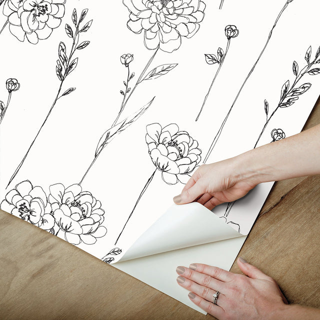 Maisey Black Peel & Stick Wallpaper with Botanical Floral Pattern - York RMK12687PLW