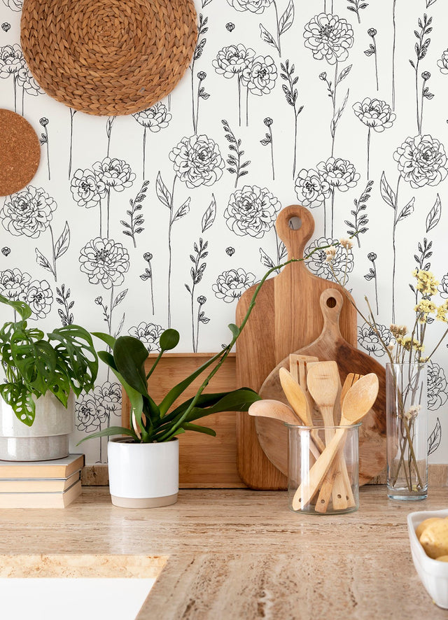 Maisey Black Peel & Stick Wallpaper with Botanical Floral Pattern - York RMK12687PLW