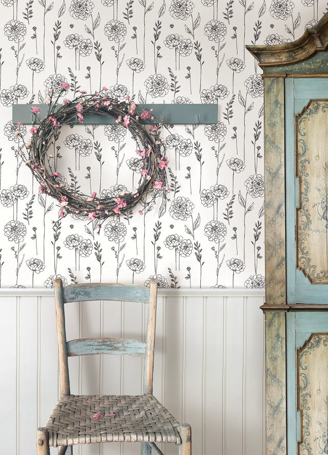 Maisey Black Peel & Stick Wallpaper with Botanical Floral Pattern - York RMK12687PLW