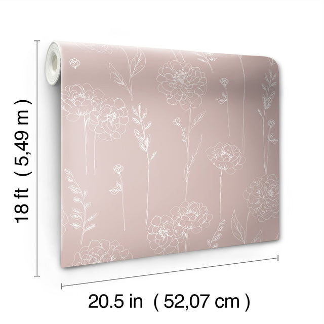 Maisey Pink Floral Peel & Stick Wallpaper with Cottagecore Botanical Pattern - York RMK12688PLW