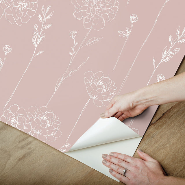 Maisey Pink Floral Peel & Stick Wallpaper with Cottagecore Botanical Pattern - York RMK12688PLW