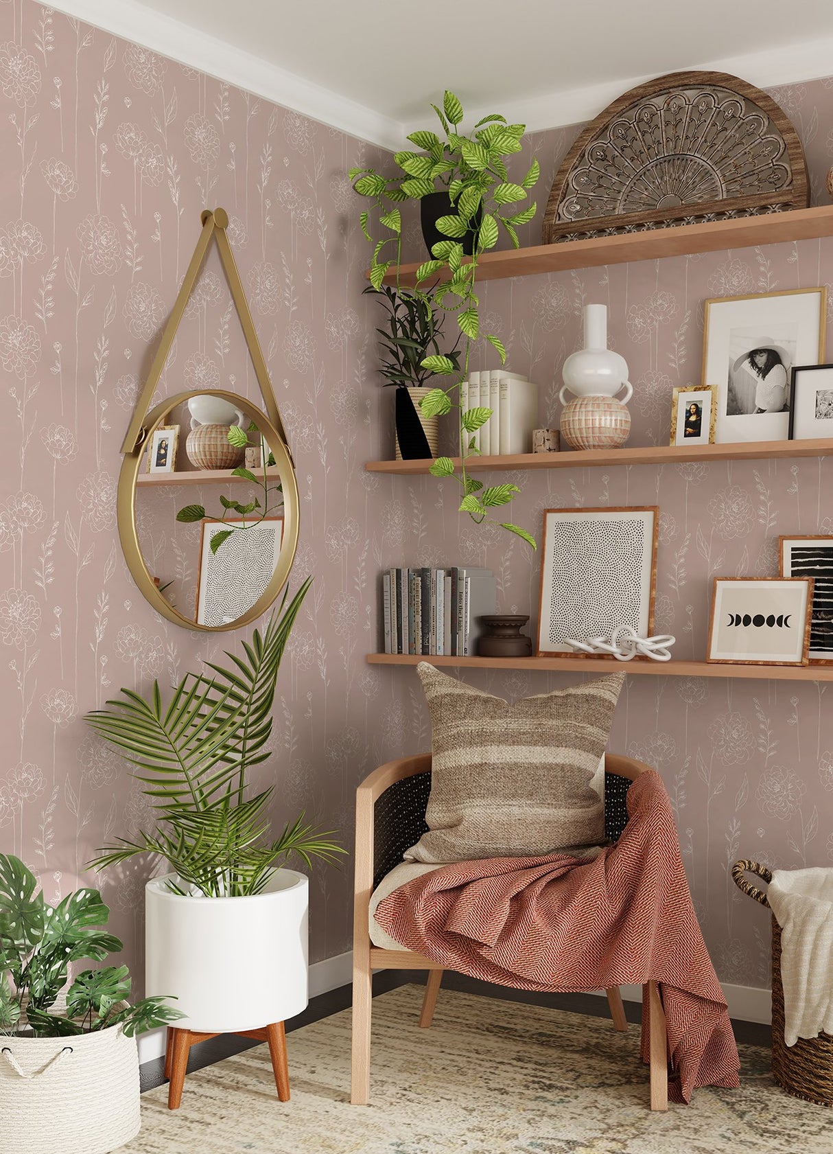 Maisey Pink Floral Peel & Stick Wallpaper with Cottagecore Botanical Pattern - York RMK12688PLW