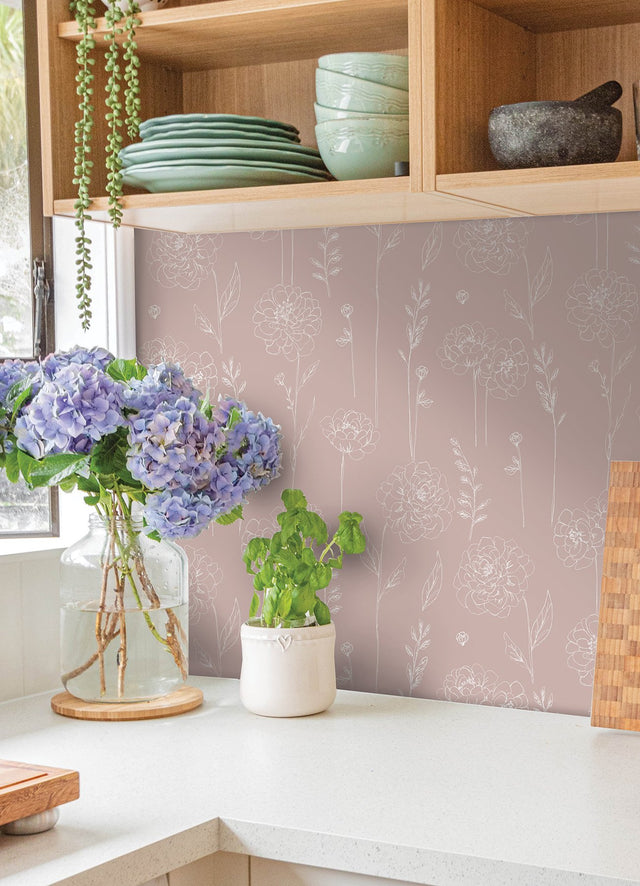 Maisey Pink Floral Peel & Stick Wallpaper with Cottagecore Botanical Pattern - York RMK12688PLW