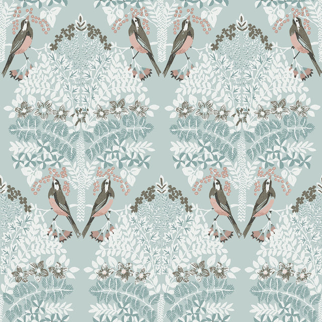 Otis Blue Multi Peel & Stick Wallpaper with Botanical Damask Sparrows - York RMK12689PLW