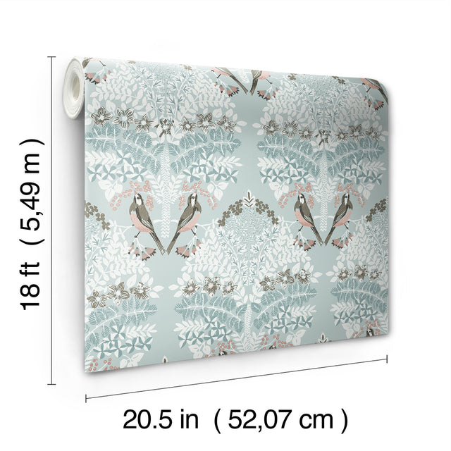 Otis Blue Multi Peel & Stick Wallpaper with Botanical Damask Sparrows - York RMK12689PLW
