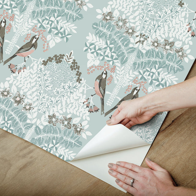Otis Blue Multi Peel & Stick Wallpaper with Botanical Damask Sparrows - York RMK12689PLW