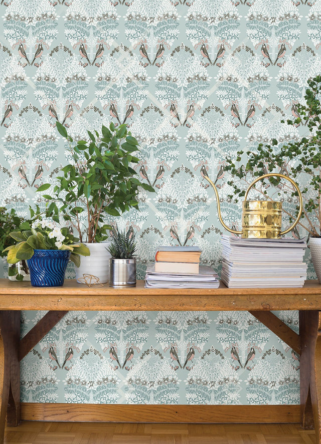 Otis Blue Multi Peel & Stick Wallpaper with Botanical Damask Sparrows - York RMK12689PLW
