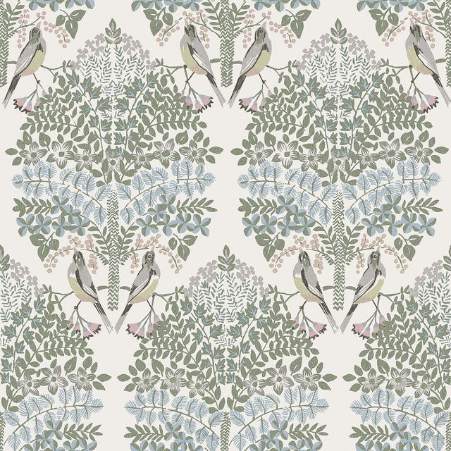 Otis Ivory Multi Peel & Stick Wallpaper with Botanical Damask and Sparrows - York RMK12691PLW