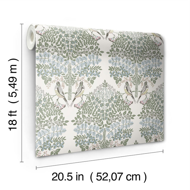 Otis Ivory Multi Peel & Stick Wallpaper with Botanical Damask and Sparrows - York RMK12691PLW