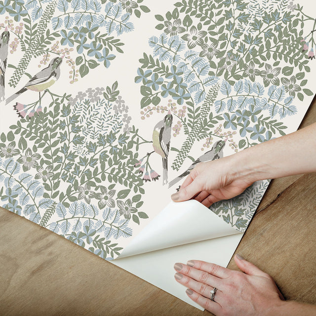 Otis Ivory Multi Peel & Stick Wallpaper with Botanical Damask and Sparrows - York RMK12691PLW