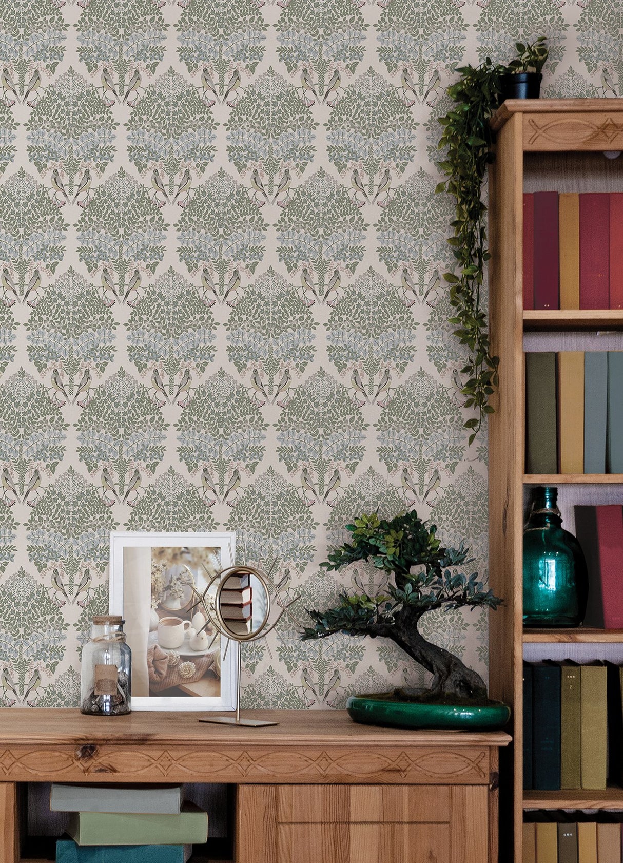 Otis Ivory Multi Peel & Stick Wallpaper with Botanical Damask and Sparrows - York RMK12691PLW