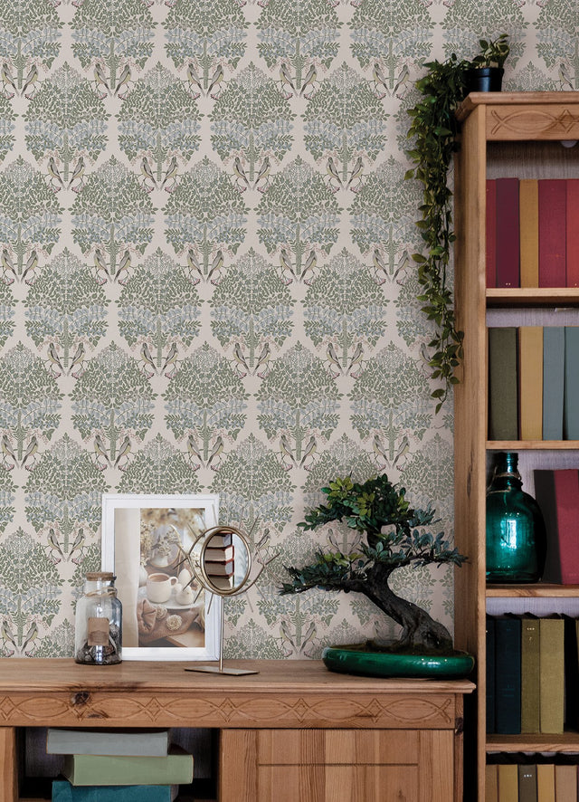 Otis Ivory Multi Peel & Stick Wallpaper with Botanical Damask and Sparrows - York RMK12691PLW