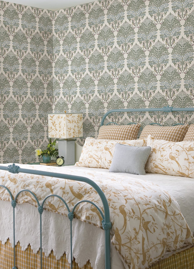 Otis Ivory Multi Peel & Stick Wallpaper with Botanical Damask and Sparrows - York RMK12691PLW