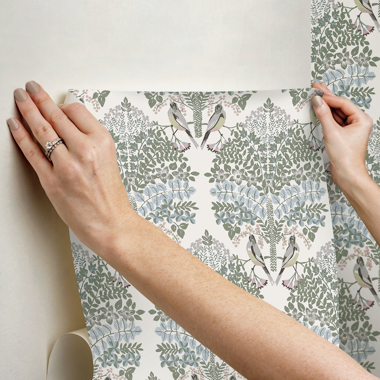 Otis Ivory Multi Peel & Stick Wallpaper with Botanical Damask and Sparrows - York RMK12691PLW