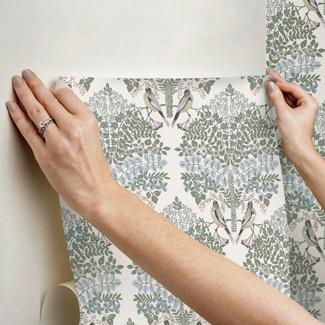 Otis Ivory Multi Peel & Stick Wallpaper with Botanical Damask and Sparrows - York RMK12691PLW