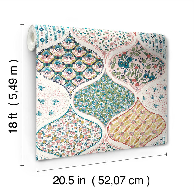 Pippa Warm Multi Peel & Stick Wallpaper with Cottagecore Floral Quilt Pattern - York RMK12692PLW