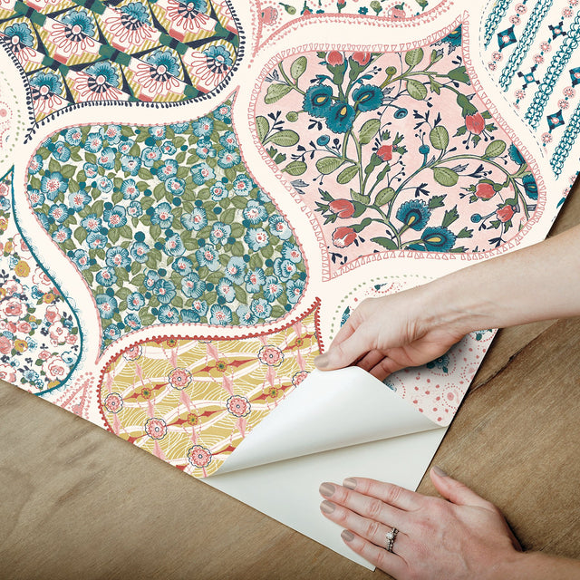 Pippa Warm Multi Peel & Stick Wallpaper with Cottagecore Floral Quilt Pattern - York RMK12692PLW