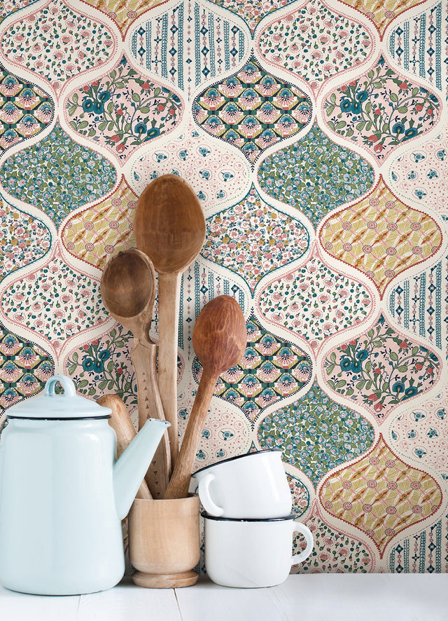 Pippa Warm Multi Peel & Stick Wallpaper with Cottagecore Floral Quilt Pattern - York RMK12692PLW