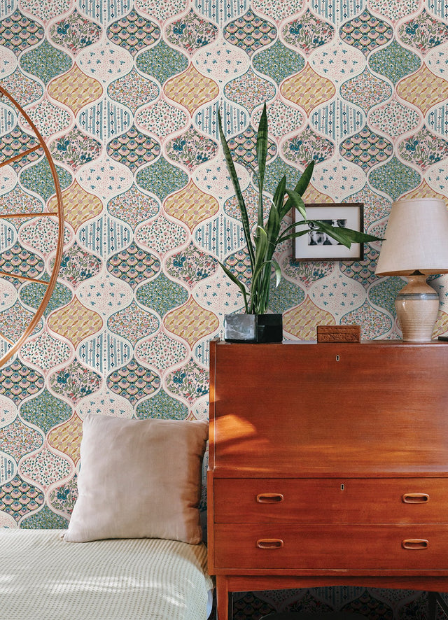 Pippa Warm Multi Peel & Stick Wallpaper with Cottagecore Floral Quilt Pattern - York RMK12692PLW