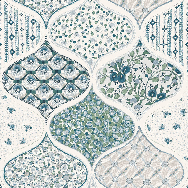Pippa Cool Multi Peel & Stick Wallpaper with Cottagecore Floral Quilt Pattern - York RMK12693PLW