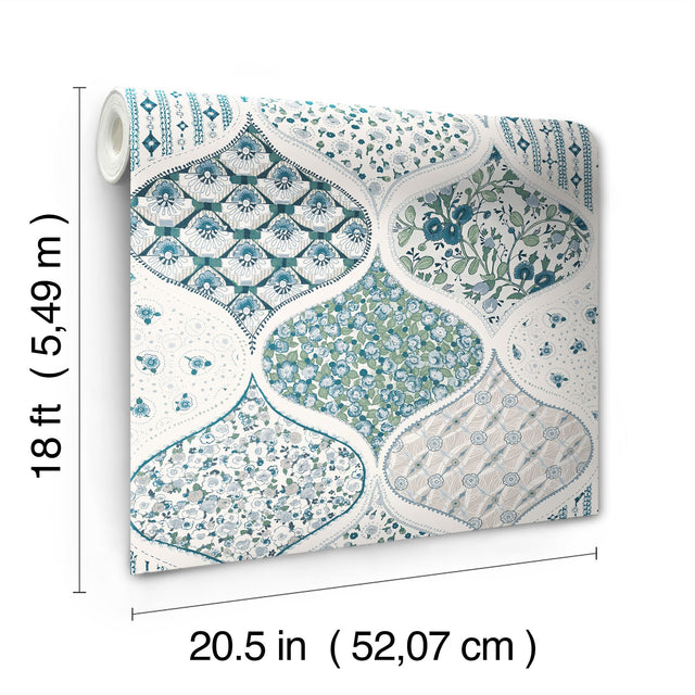 Pippa Cool Multi Peel & Stick Wallpaper with Cottagecore Floral Quilt Pattern - York RMK12693PLW