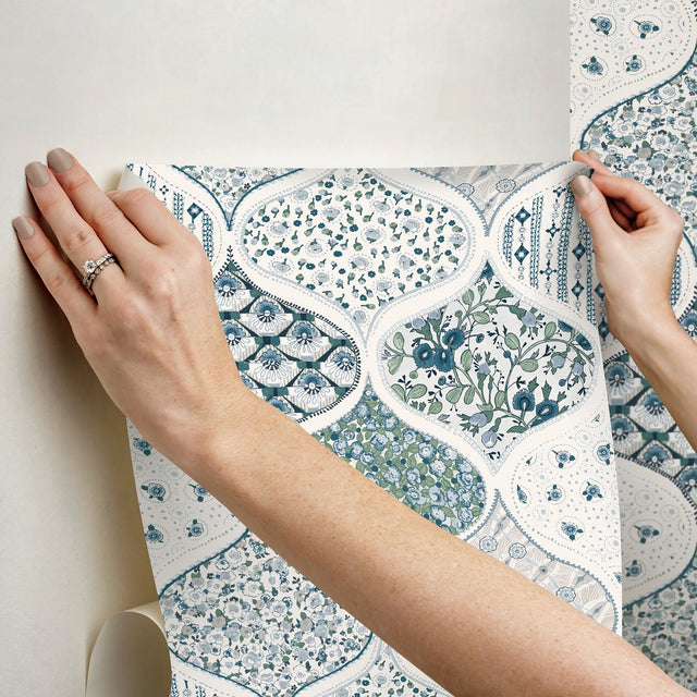 Pippa Cool Multi Peel & Stick Wallpaper with Cottagecore Floral Quilt Pattern - York RMK12693PLW