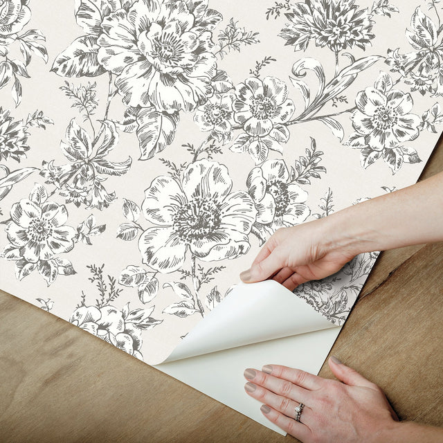 Winifred Taupe Peel & Stick Wallpaper with Vintage Floral Botanical Pattern - York RMK12694PLW