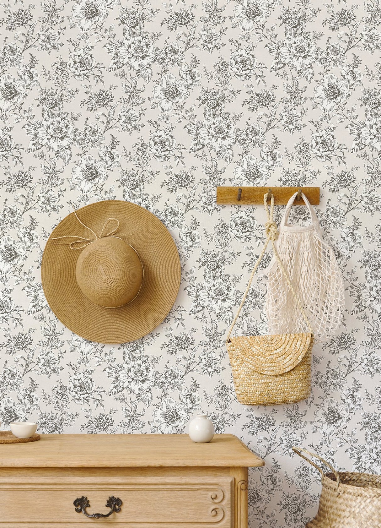 Winifred Taupe Peel & Stick Wallpaper with Vintage Floral Botanical Pattern - York RMK12694PLW