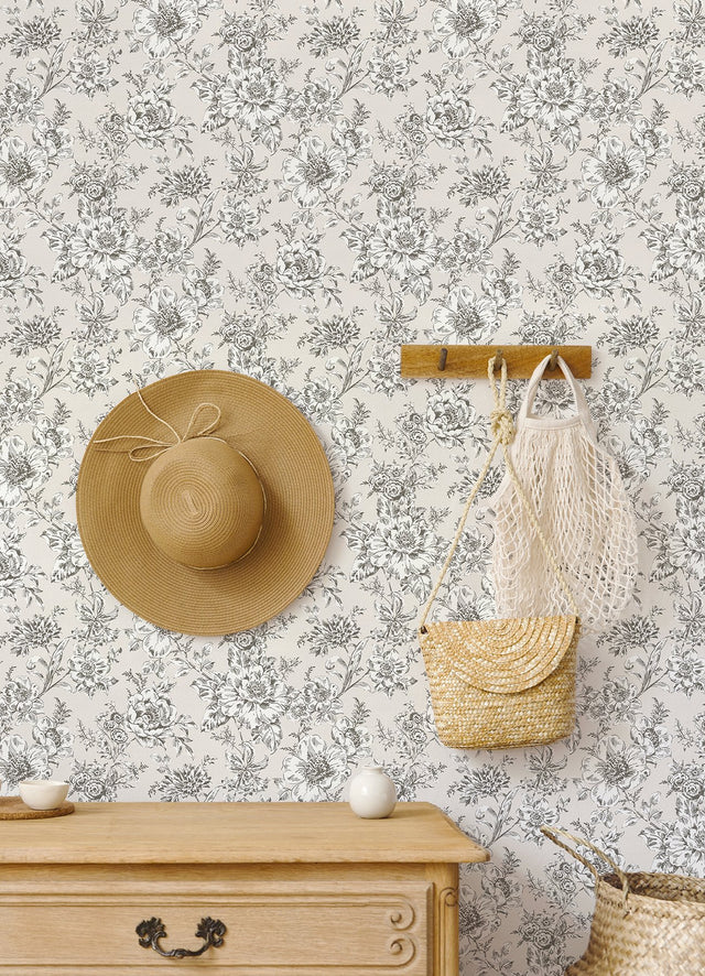 Winifred Taupe Peel & Stick Wallpaper with Vintage Floral Botanical Pattern - York RMK12694PLW